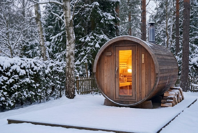 Luxury sauna interior showing timber benches and sauna heater